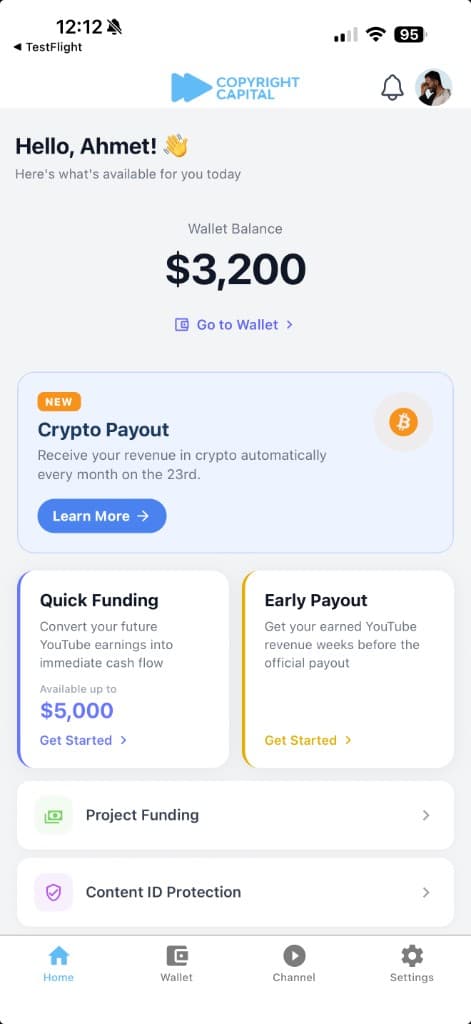 The Copyright Capital app showing a creator's payouts and funding offer